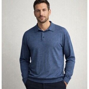 Alan Flusser Merino Wool Blend Knit Polo Sweater Blue Men’s XL Long Sleeve